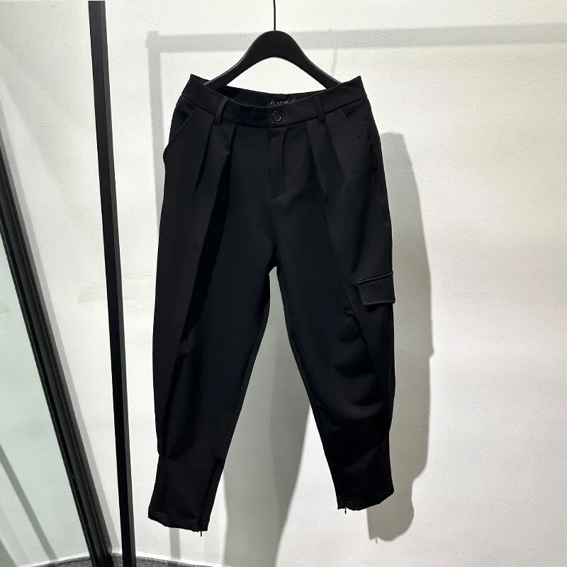 Avant-Garde Fashion Spring and Autumn Multi-Pocket Loose Ankle-Tied Pants Simple Solid Color Design Tooling Tapered Pants