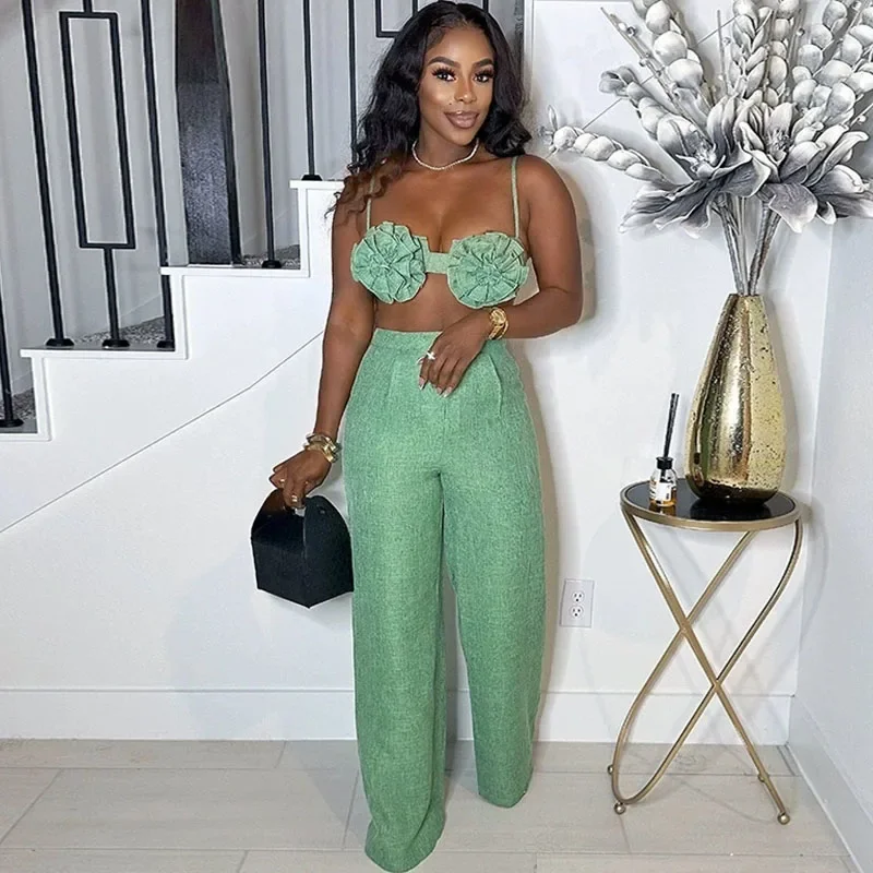 Sexy Vacation Summer Outfits Women Two Piece Set Birthday Club Night Party Flower Bra Top+Wide Leg Pants Suits Conjunto Elegante