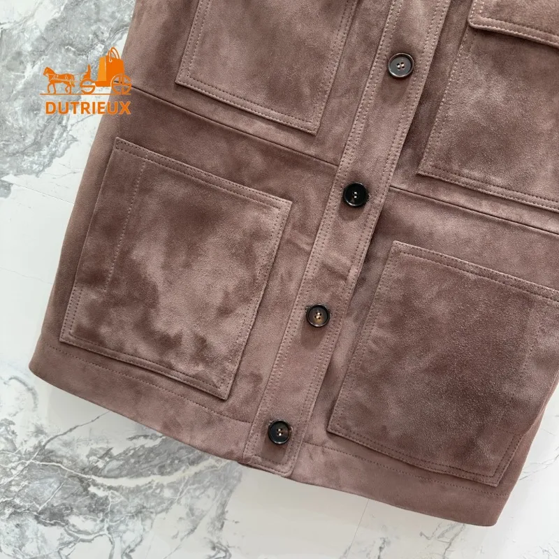 Winter Suede Leather Jacket with Lapel and  Pockets Oversize, 100% Genuine Sheepskin Gentle and Luxurious Fashion Women's Coat