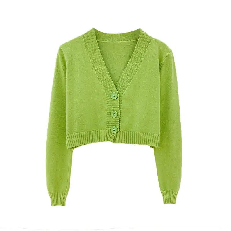 2022 Spring and Autumn Knitted Crop Cardigan Women Korean Short Sweater Long sleeve V neck Green Blue