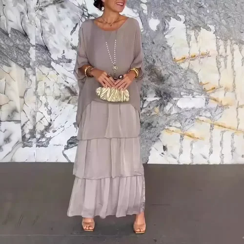 Imagen 2 del producto Vestido de viajero de Color sólido con cuello redondo, elegante e informal, con borde con volantes en capas, vestido de fiesta con manga de murciélago, vestido de gasa para vacaciones en la playa