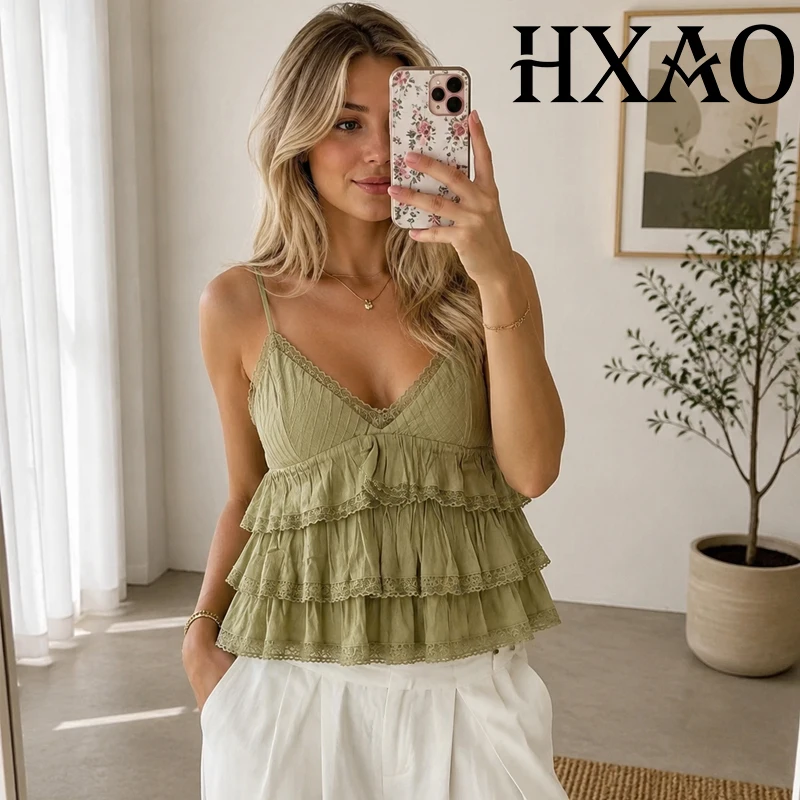 HXAO Slip Ruffle Top Women Summer Sleeveless Crop Top 2026 Woman Embroidered Layered Tank Tops Backless Resort Beach Cami Top