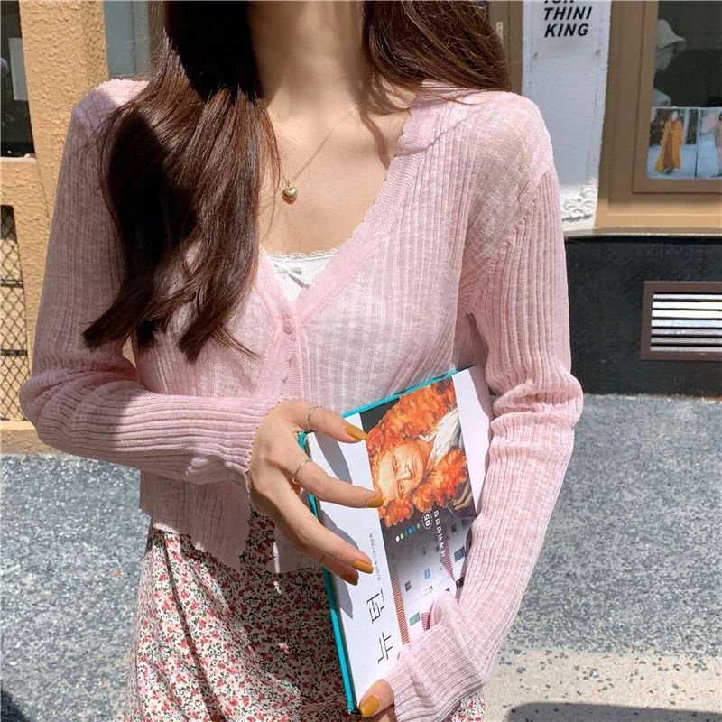 

Summer Knitted Cropped Cardigan Women Thin Clothing Mujer Sun-proof All-match Long Sleeve Solid Various Colors Sweaters Ulzzang