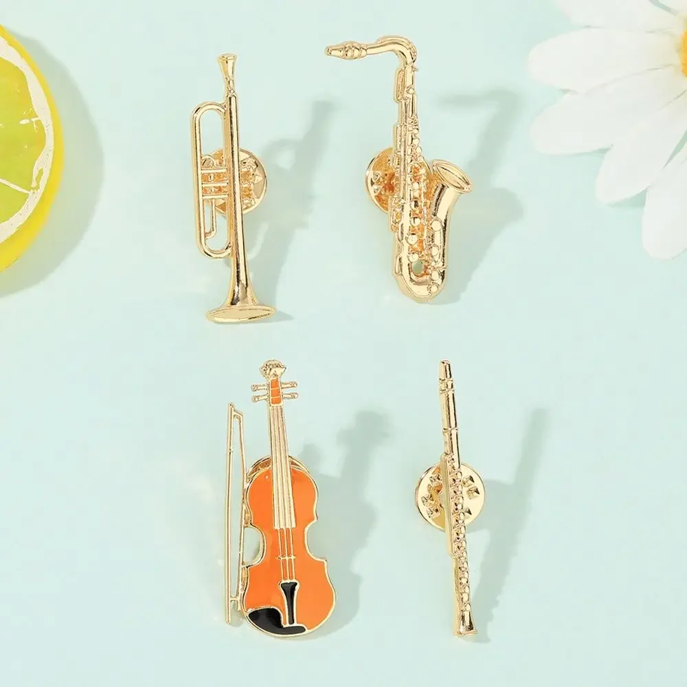 4Pcs Alloy Enamel Brooches Musical Instruments Trumpet Clarinet Saxophone Violin Shaped Lapel Pins Jewelry Accessories