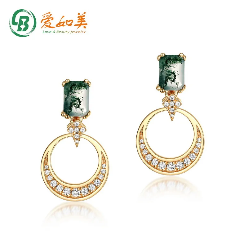 

New Atmospheric 18K Gold PT950 Platinum Silver Plated 7-layer Gold Green Moss Stone Earrings Feng Shui Grass Agate Earrings