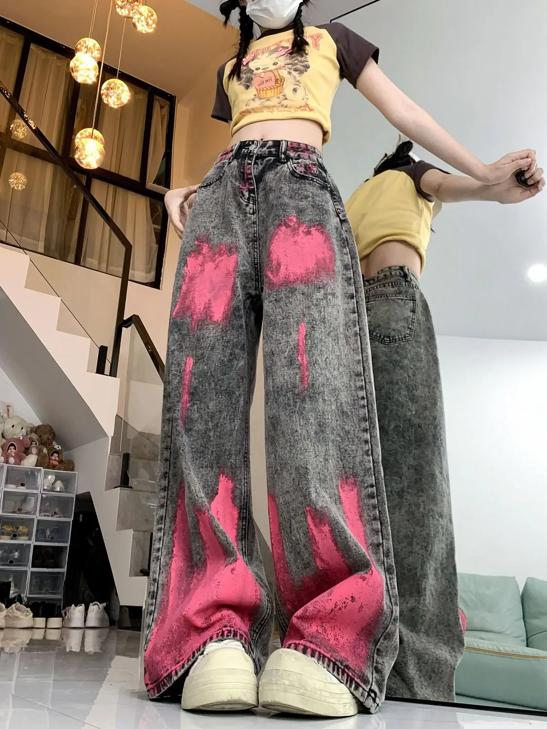 Pantalones vaqueros con diseño de grafiti para mujer, pantalones de pierna ancha Retro con personalidad americana, estilo Hip-Hop, holgados, para