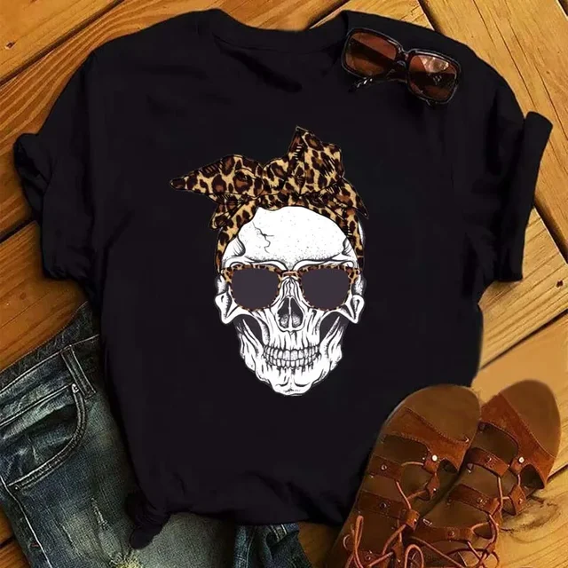 Moda Leopard nadruk z czaszką koszulka damska letnia luźna czarna koszulka damska Casual wokół szyi topy w stylu Harajuku ubrania damskie