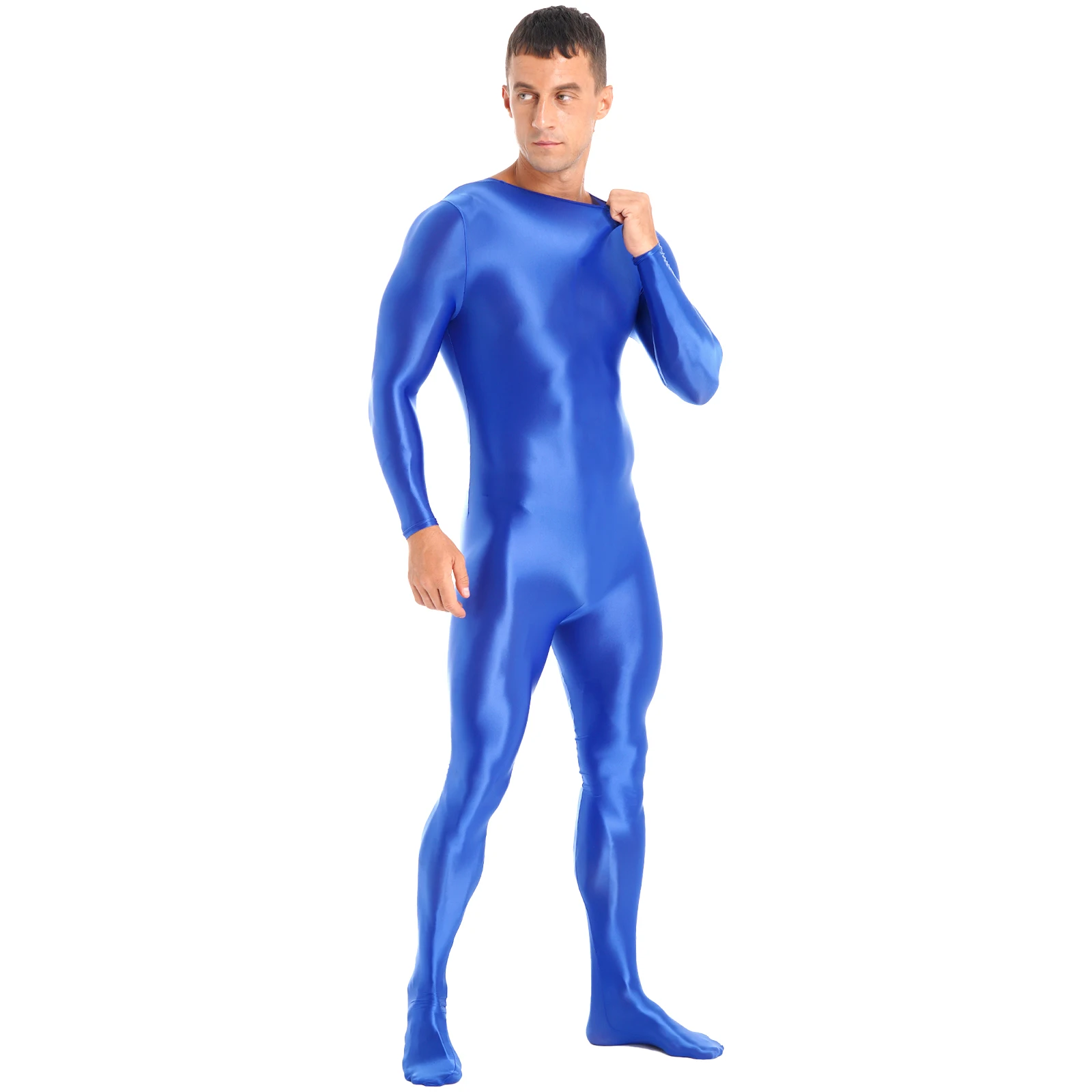 Mens Lingerie Mock Neck Back Zipper Bodystocking Glossy Gymnastics Fitness Solid Color Long Sleeve Bodysuit Sportwear Nightwear