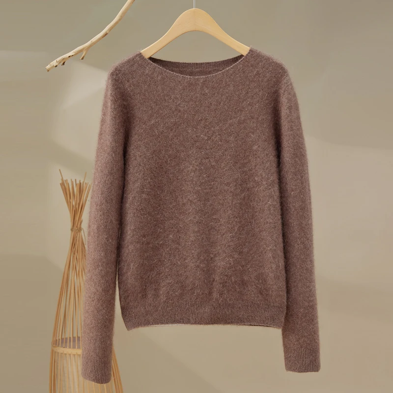 2025 automne/hiver 2025 femmes nouveau col rond ample à manches longues laine mérinos tricoté chemise couleur unie tricoté laine bas chemise