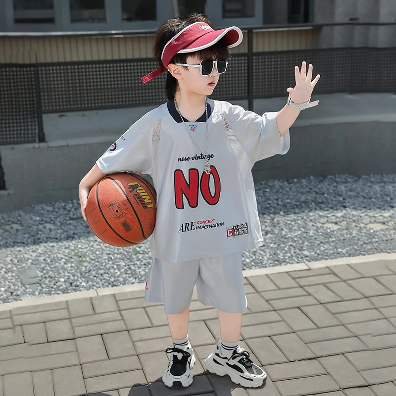Trendy Casual 2 Piece/Sets For Boys T-shirt+Shorts Tracksuits Teen Summer Outfit New Children Quick-drying Basketball Suit 2-15Y