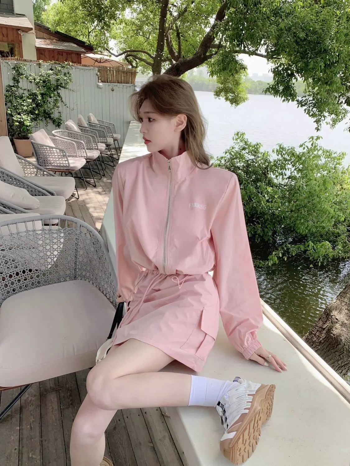 Sports Set American Retro Waffle Stand Collar Zip Up Hoodie Slim A-LINE Mini Skirts Casual 2 Piece Set Women Clothes Sunmmer