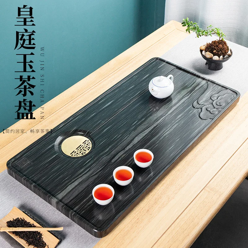 New Luxury Vintage Natural Green Wood Grain Stone Tea Tray Stone Huangtingyu Stone Tea Table with Drain Pipe Home Gift