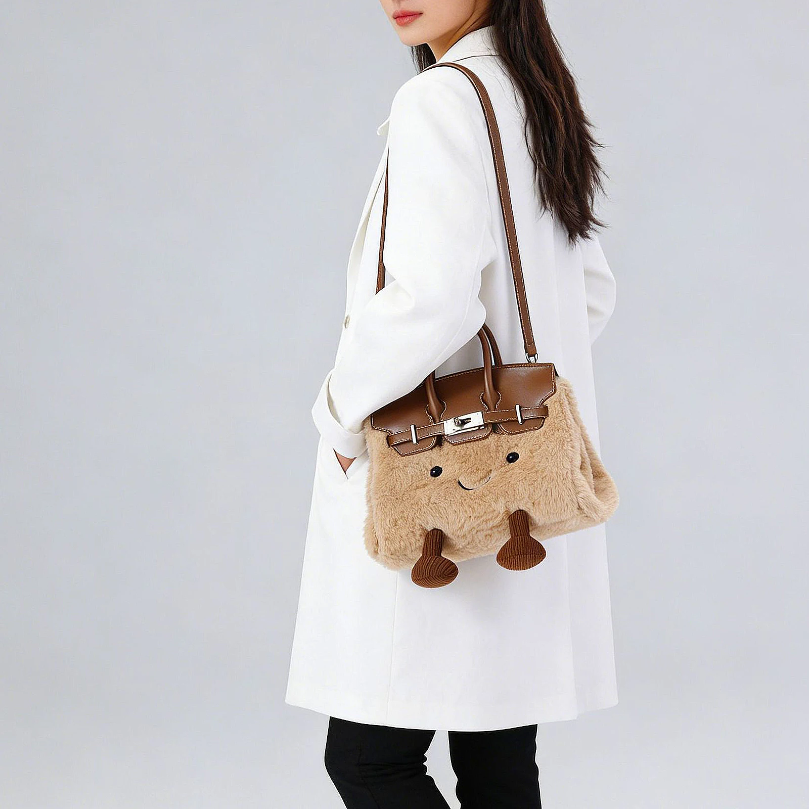 Women Girls Plush Handheld Shoulder Bag Adjustable Strap Cartoon Fashion Fluffy Handbag for Travel Work  Daily Use