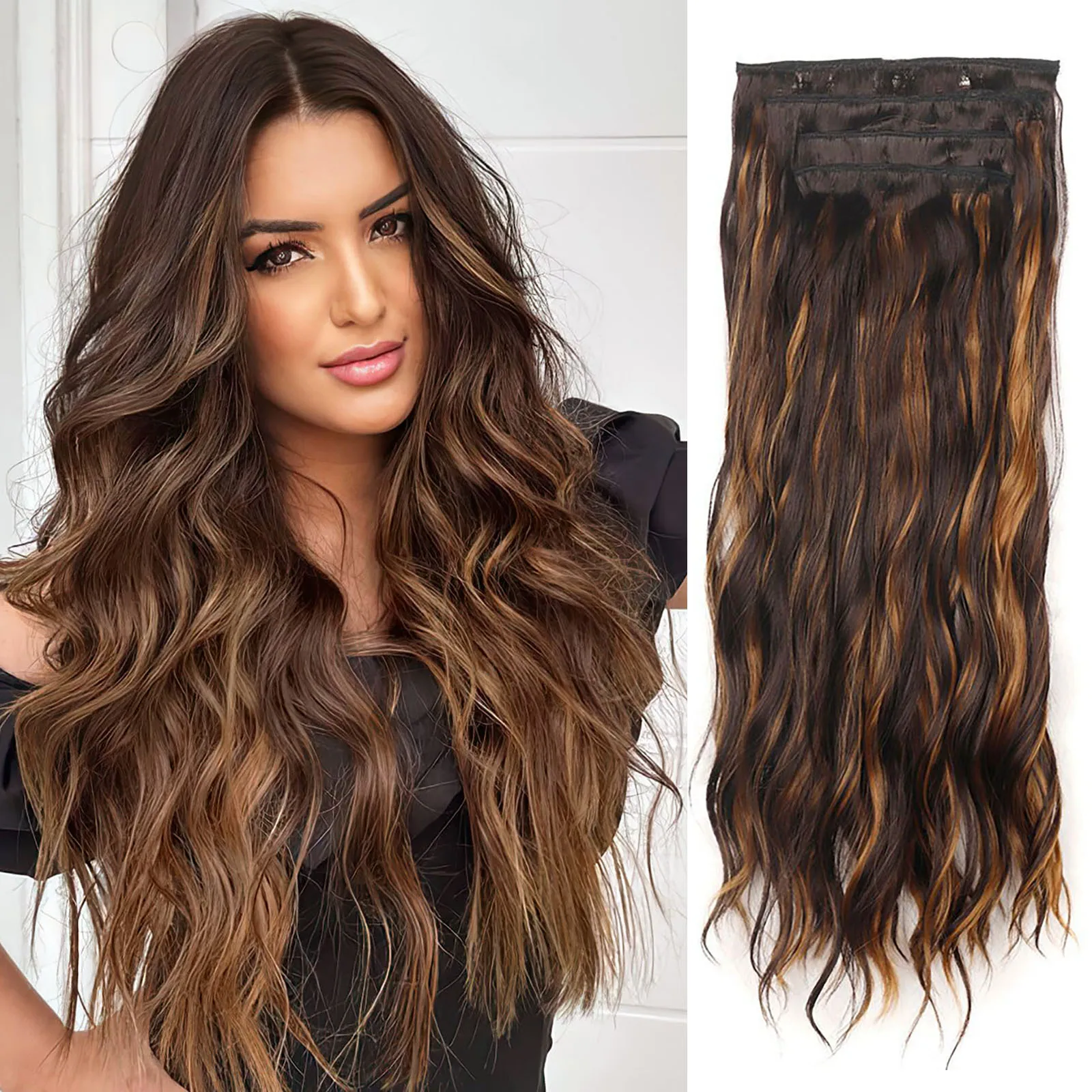 

Synthetic Hair 4PCS/set Clip in Hair Extensions Water Wave Long Wavy Hair Women's Thick Hairpieces Black Brown Color