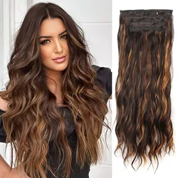 Synthetic Hair 4PCS/set Clip in Hair Extensions Water Wave Long Wavy Hair Women's Thick Hairpieces Black Brown Color