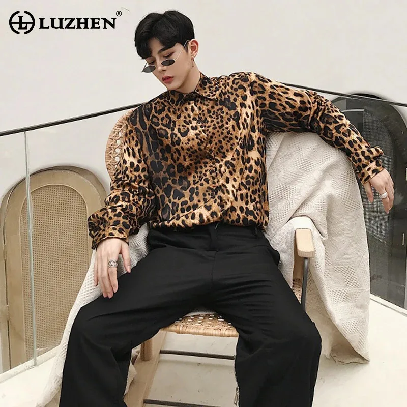 

LUZHEN Personality Design Long Sleeved Shirts Leopard Print Pattern Trendy Men's Popular Streetwear 2025 New Tops Blouses JY5988