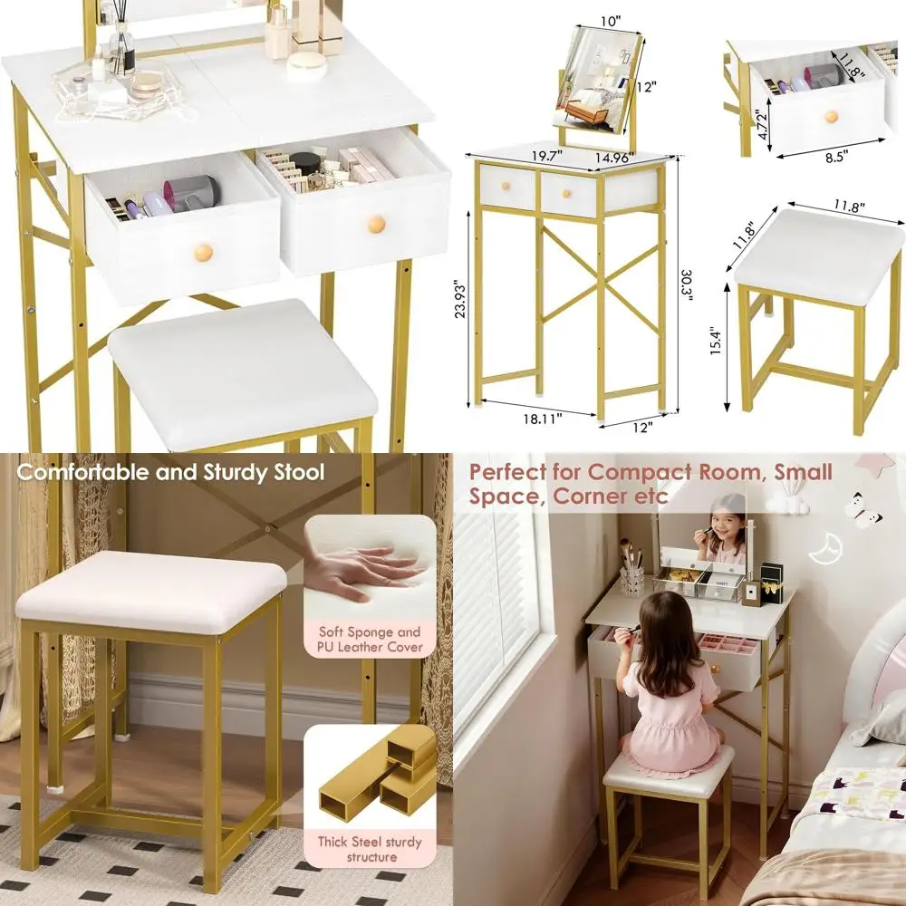 

Compact Makeup Vanity Desk with Mirror, Chair & Storage, 19.7 White Gold Dressing Table Set for Girls' Bedroom