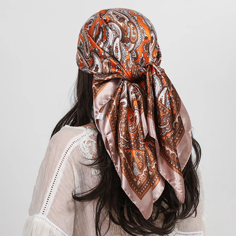 Satin Square Scarf Women Hijab Paisley Cashew Print Silk Scarf Neckerchief Shawl Wraps Headband Hair Accessories Bandana 90*90cm image 4