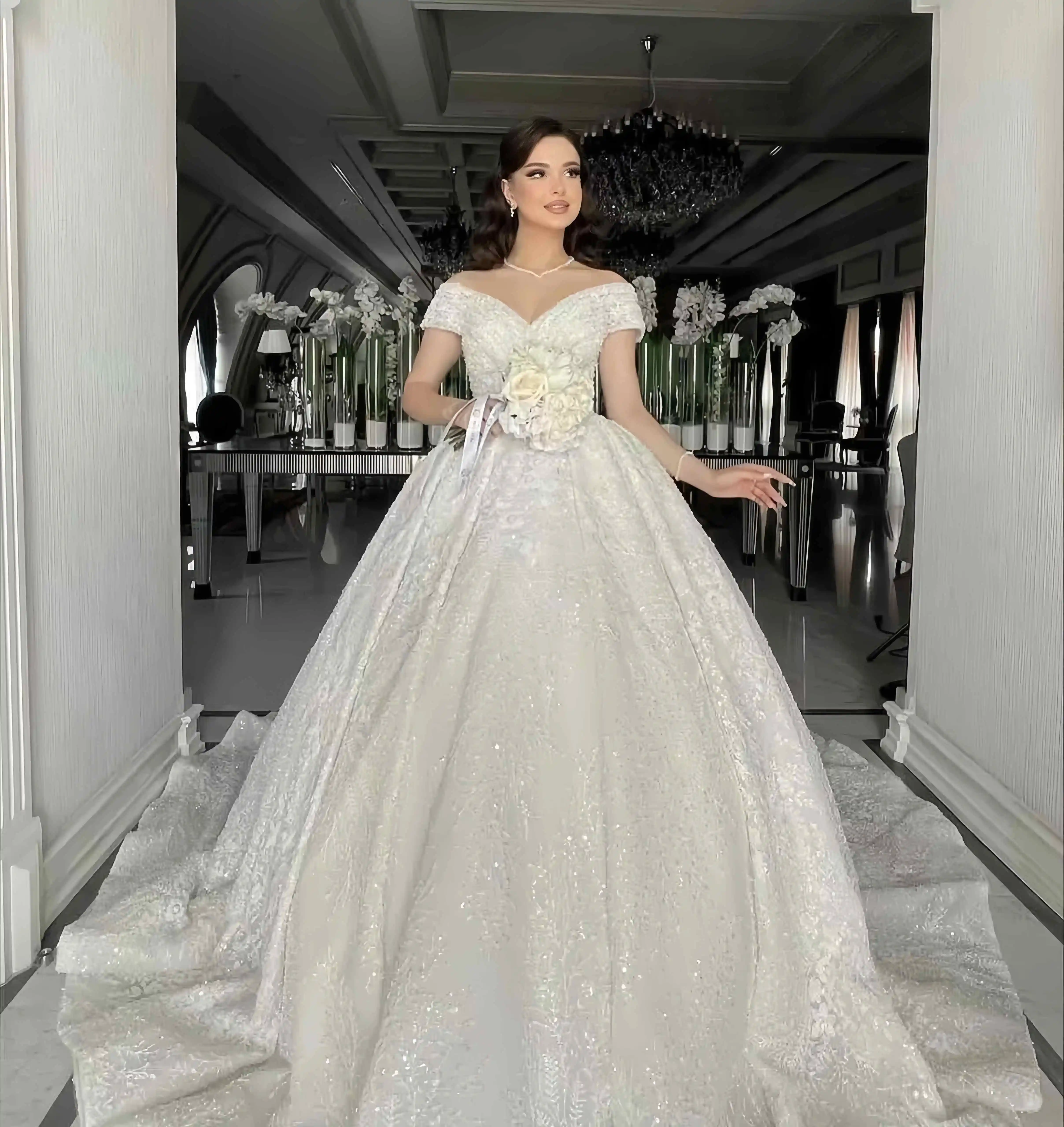 

Роскошное изысканное бальное платье по индивидуальному заказу, свадебные платья без рукавов с V-образным вырезом, без бретелек, с блестками, аппликация, оборки, бусы