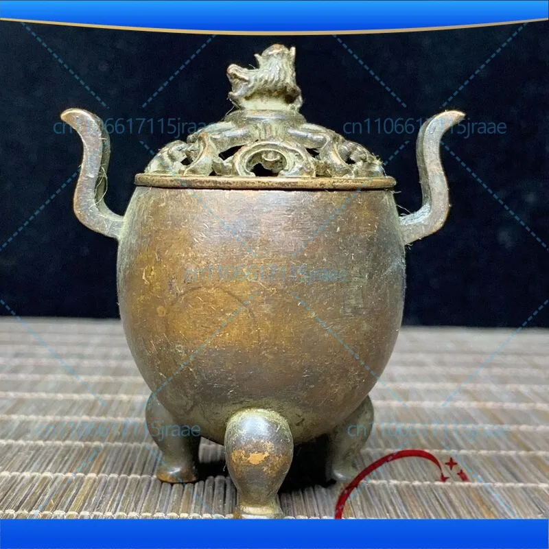 For three-legged binaural with lid incense burner ornament household indoor alloy copper retro ornament model