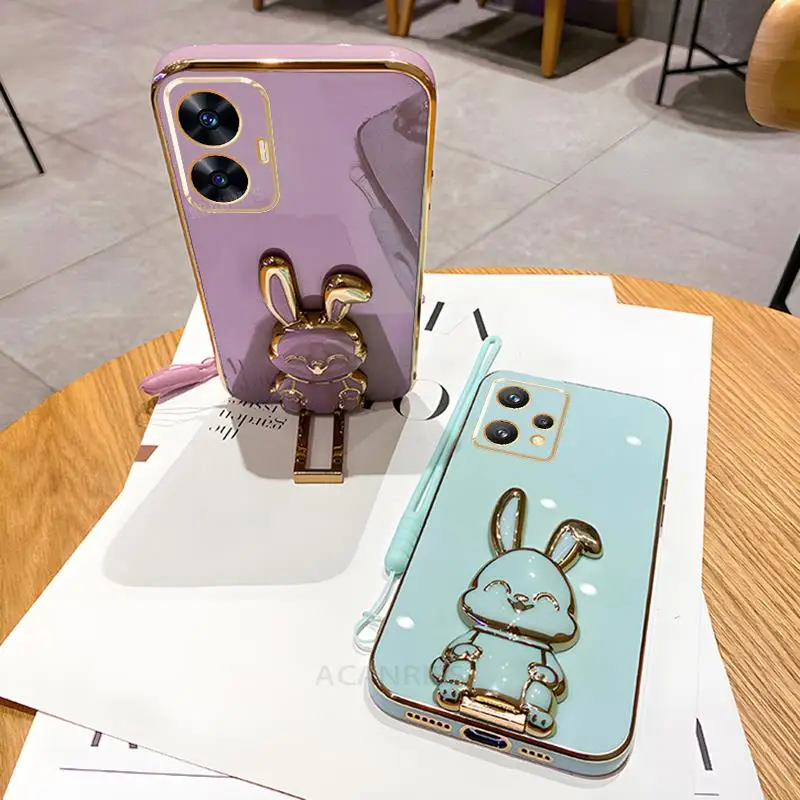 Realmec55 Plating Rabbit Holder Lanyard Case For Realme C55 C53 C33 C35 C21 C21y C20 C30 C15 Neo 5s 5 Silicone Stand Cover Gt5