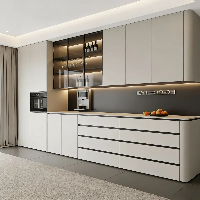 &Customized Modern Solid Wood Eco-Friendly Home Storage Cabinets Living Room Tableware Glass Doors Lights Display Wine Cabinets