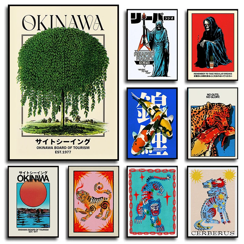 Japón Okinawa turismo verde sauce puesta de sol lienzo cartel fantasma tigre arte de pared impresiones para sala de estar moderna Halloween hogar Dec