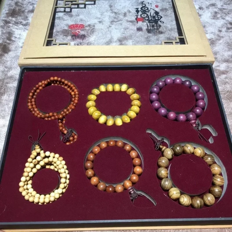 Natural Roxo Sândalo Budista Buddha Beads, Six-Way Pulseira De Madeira, Pomelo De Ouro, Dragão De Sangue, Gift Set