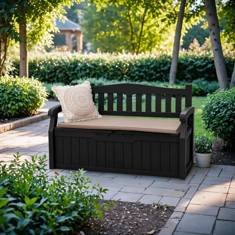 80 Gallon Storage Bench Deck Box Lockable Patio Furniture,  and Seating Cushions, Garden Pool Supplies. (Black