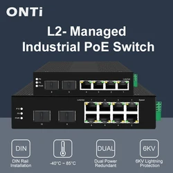 Commutateur PoE Onti-industriel, port 4/8, 10/100/1000Mbps + emplacements SFP 2 gigabits, rail Din, norme ip40, iee802.3af/at