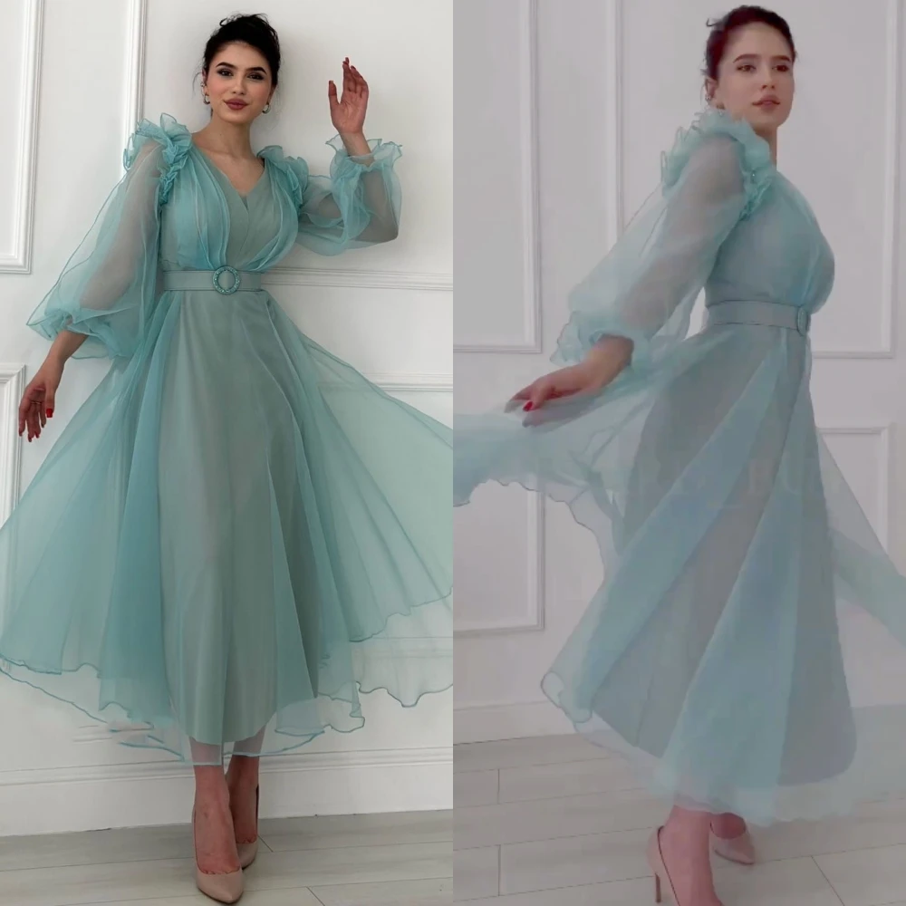 Customized Tulle Draped Sash Pleat Cocktail Party A-line V-neck Bespoke Occasion Gown Midi Dresses