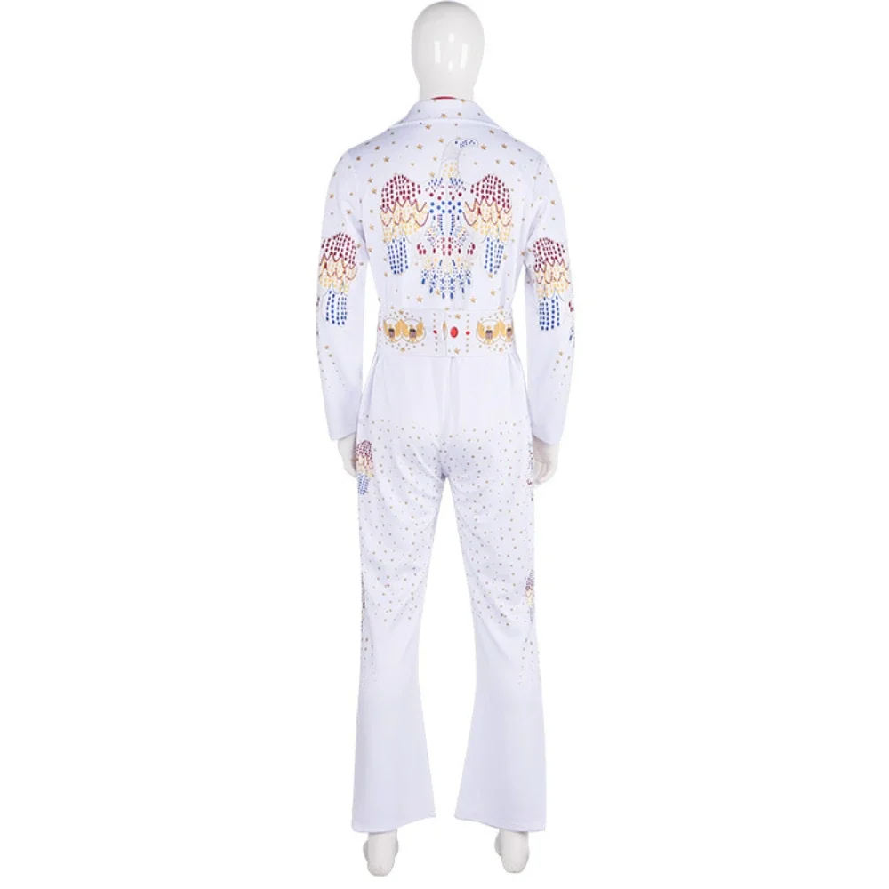 Film Rocker Elvis Cosplay Kostuum Volwassen Mannen Vrouwen Jumpsuit Halloween Witte Bodysuit Outfit Uniform Party