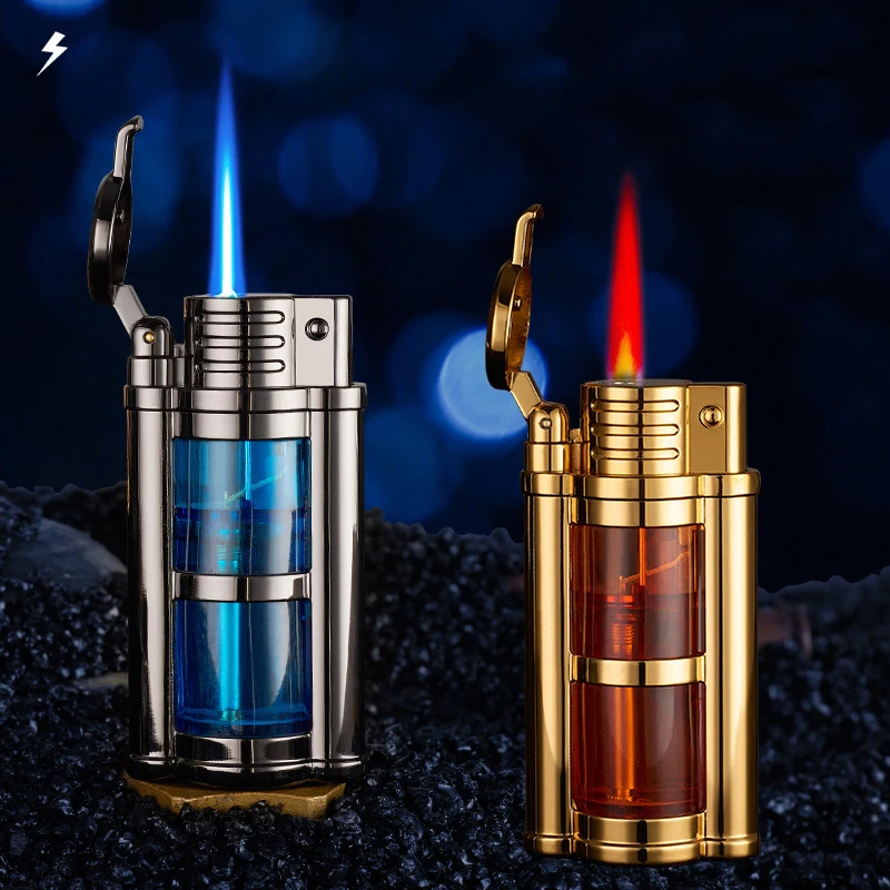 New Metal Transparent Visible Gas Lighter Metal Turbo Torch Unusual Creative Windproof Butane Lighters Gadgets for Men