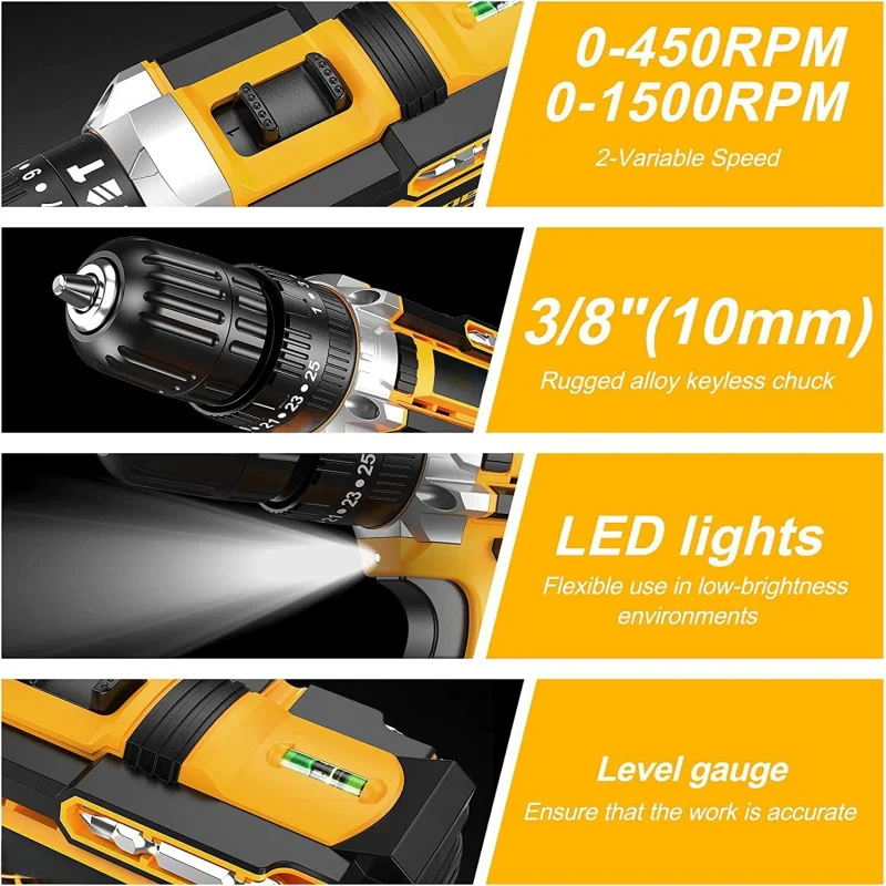 21V Cordless Drilling Bit Set,Electric Drill Bit 59 Pieces,Belt 3/8 Inch Keyless Chuck,25 3 Clutch Electric Drill with Working