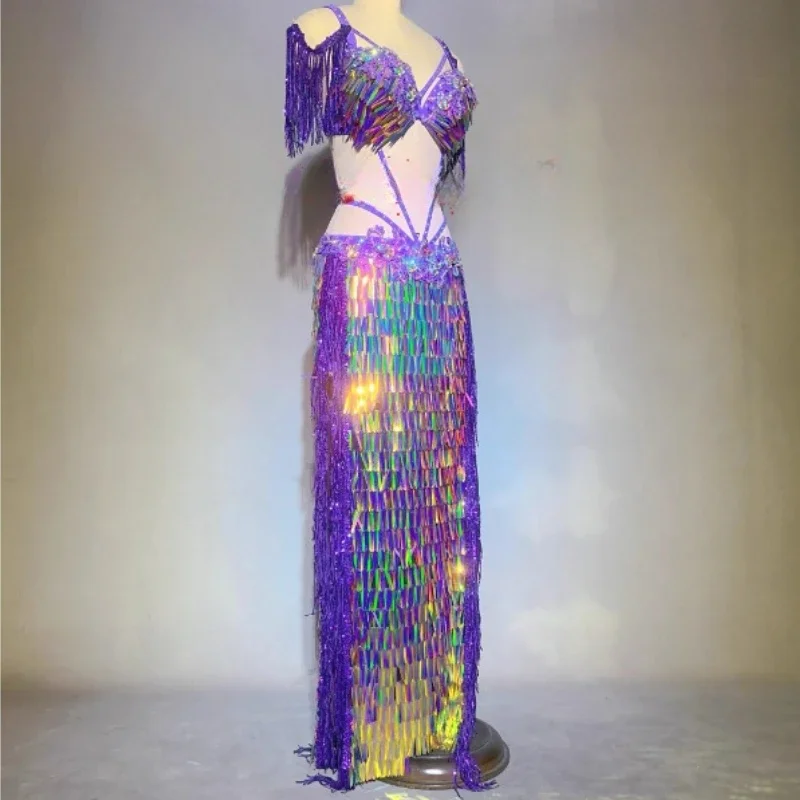 BellyDancer Costume Customized High End Custom Magic Flash Purple Fringed Skirt Adult and Child Belly Dancing Performance Outfit