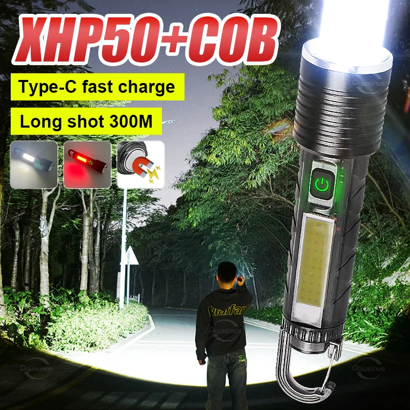 

XHP50 Lantern Led Rechargeable Flashlight with Usb Charging COB Telescopic Zoom Strong Light Camping Outdoor Magnetic Flashlight