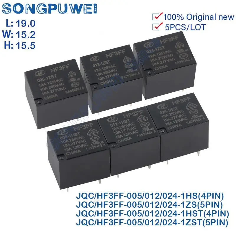 5Pcs HF3FF- 005 / 009 / 012 / 024-1HS 1HST JQC-3FF-5/9/12/24VDC -1ZS 1ZST(551) 4PIN 5PIN 10A Relay hf3ff-12V-1ZS JQC-3FF-24V-1HS