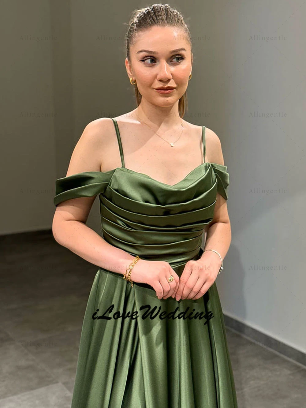 Robe de bal trapèze verte élégante, plissée, dos nu, épaules dénudées, robe de demoiselle d'honneur longue pour invités de mariage, fente haute, personnalisée