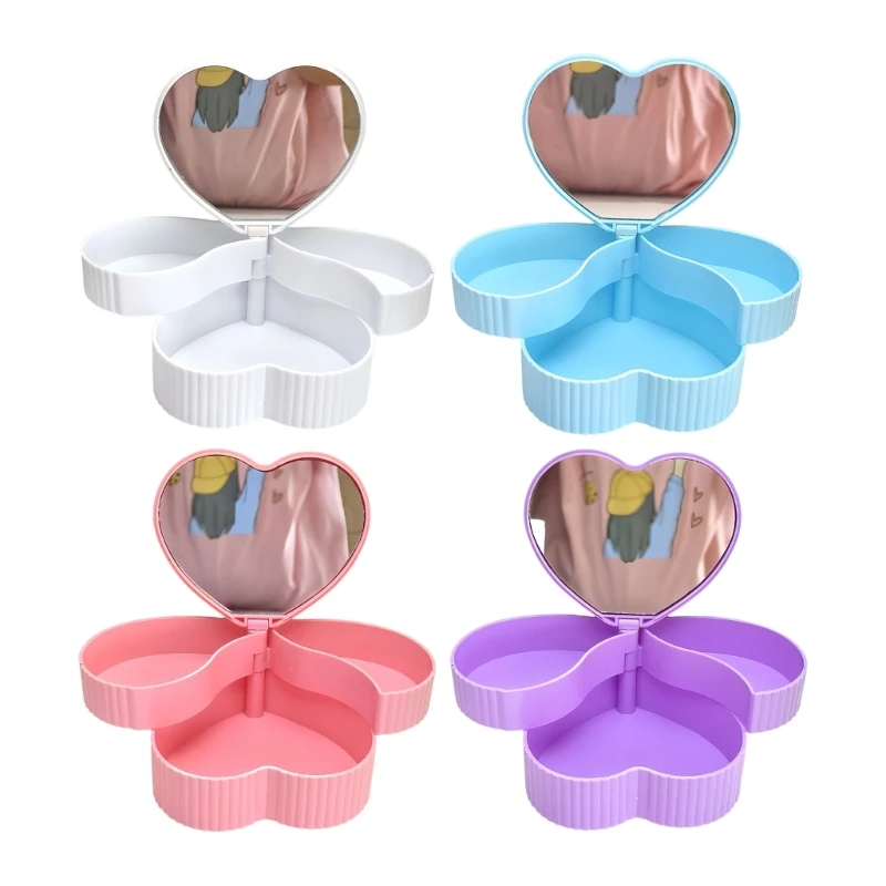 Elegant Plastic Heart Shaped Jewelry Organiser With Rotating Base And Mirror Storage Container Box For Accessories