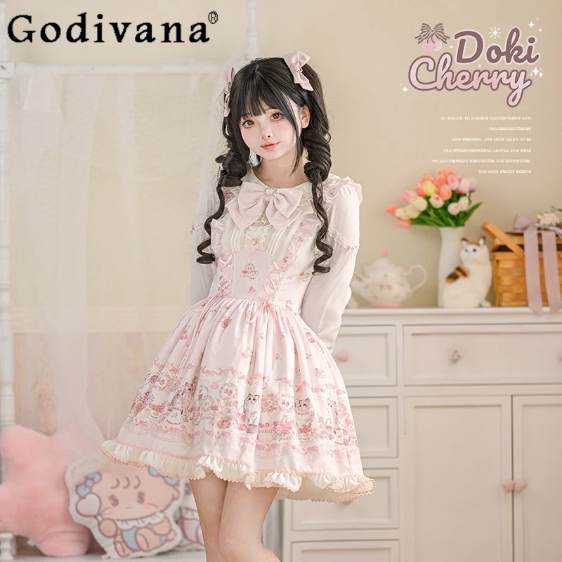 

Original Japanese Girls Sweet Lolita Short Dress Op Autumn New Women's Cute Printed Long Sleeve Dress Princess Tea Party Dress