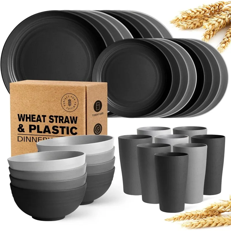 

32-Piece Kitchen Plastic Wheat Straw Dinnerware Set, Service for 8, Dinner Plates, Dessert Plate, Cereal Bowls, Cups