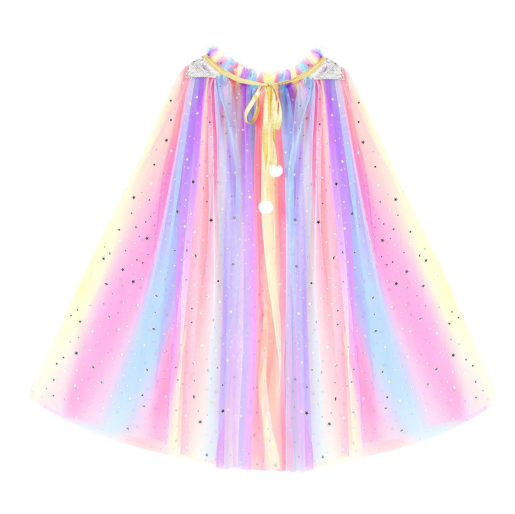 Girl\'s New Sequin Star Rainbow Color Blocked Halloween Christmas Fashion Princess Shawl with Long Mesh Cape On Top