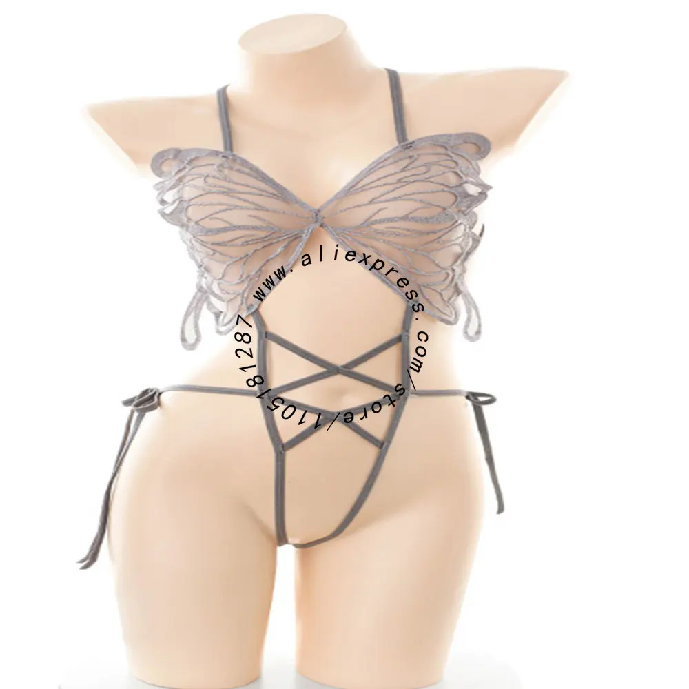 LISM Creative Butterfly Design Halter Neck Bodysuit Adjustable Straps Backless Sheer Erotic Role Play Outfit