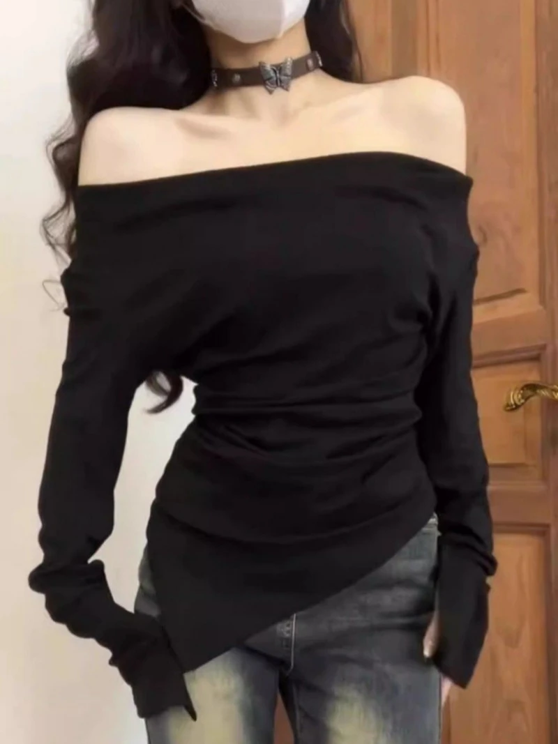 Long Sleeved T-shirt Off Shoulder Top Sexy Asymmetric Flare Sleeves T-shirt Spicy Girl Korean Fashion Slim Fit Blouse Female