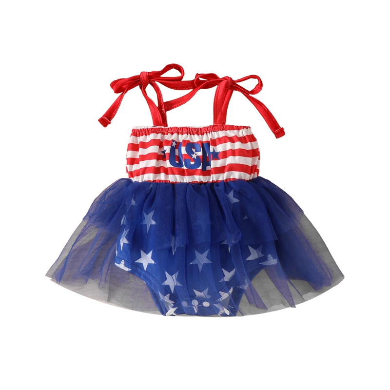 

Baby Girls Independence Day Romper Dress Sleeveless Stars Stripe Print Tulle Patchwork Playsuit