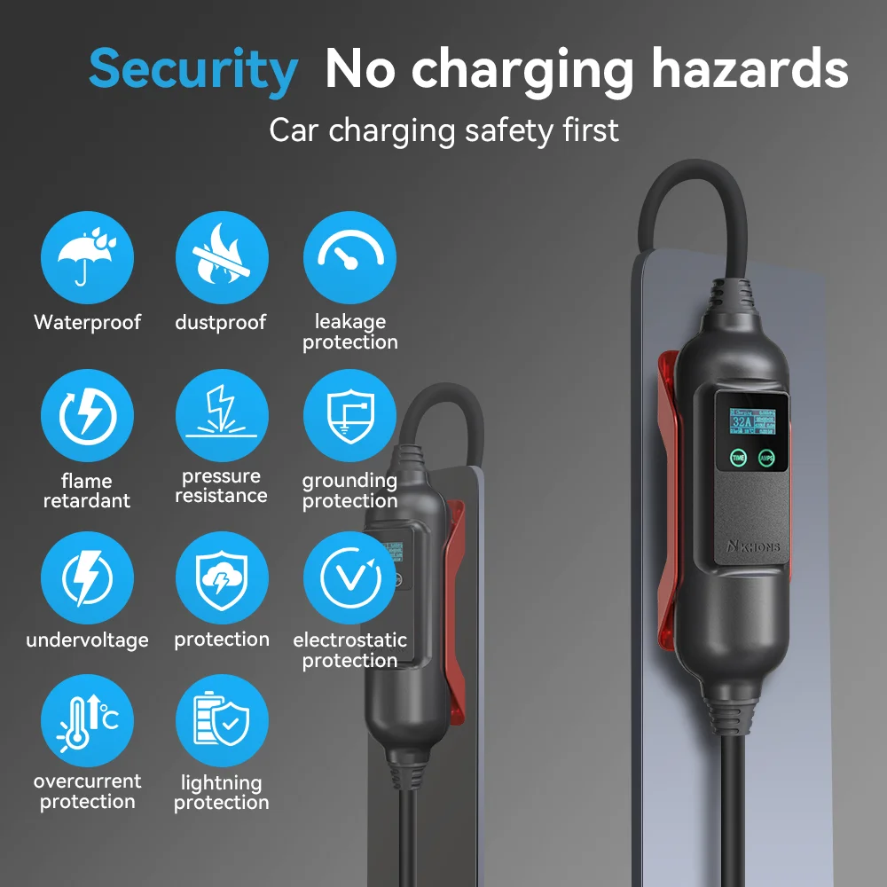 Khons 7KW GBT Electric Vehicle Charger Single Phase 32A EVES Portable Charger Chinese EV 5M Cable 6A-32A Adjustable Current