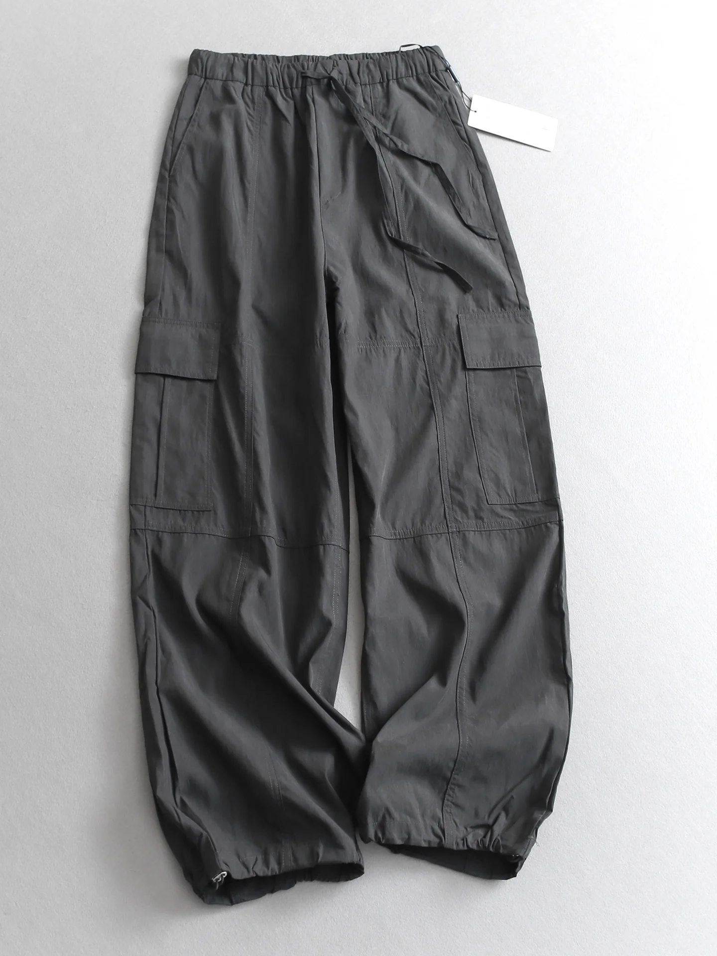 Casual High Waist Wide Leg Workwear Pants Women's Loose Fit Thin Style with Side Pockets Drawstring Elastic Waist