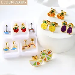 LUXUKISSKIDS Steel Earrings For Woman/Girls Cute Color Acrylic Korean Fashion Studs Tiny Heart серьги Surgical Ear Clips Jewelry