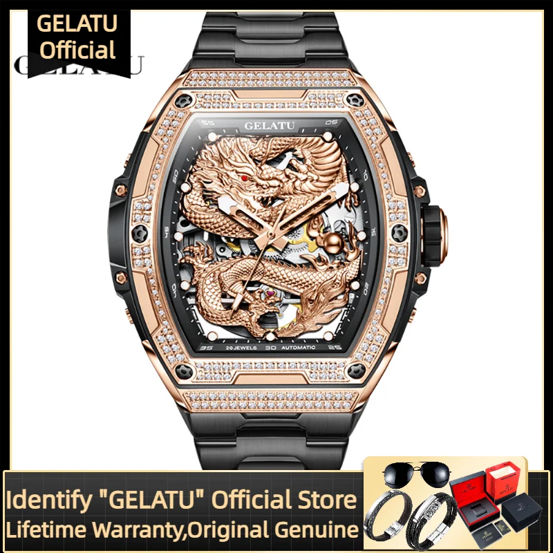 

GELATU Original Brand Men's Watch Deep Waterproof Diamond Bezel Dragon Watch High end Automatic Mechanical Watches 6021