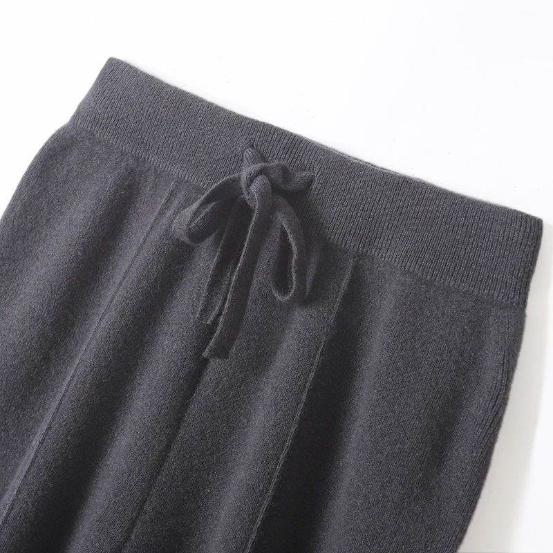 Autumn Winter 100% Merino Wool Knitwear Korea Popular Pants Women's Cashmere Wide Leg Trousers Basic Soft Casual Sashes Pants